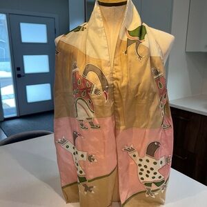 Vintage Pink Green Gold Novelty Frog Silk Scarf Wrap